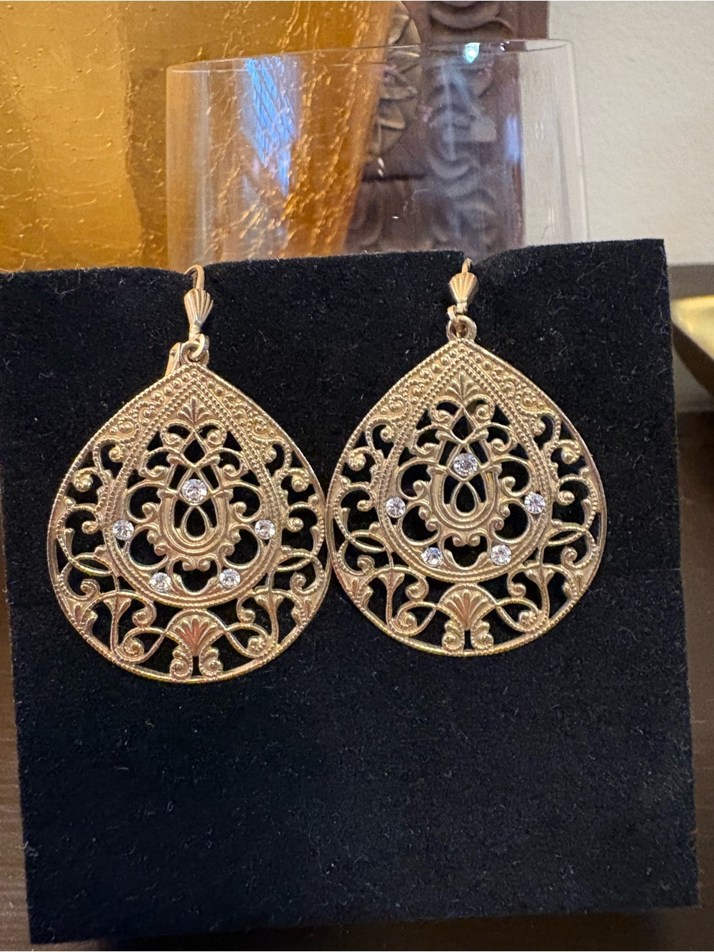 Gold Filigree Teardrop Dangle Earrings with Crystal Accents - Lightweight (EUC)